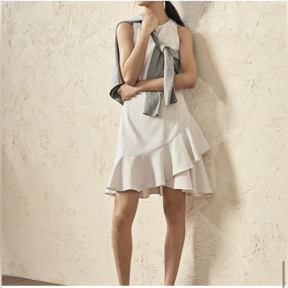 NWT Ruffle-Hem Sheath Dress Banana Republic Factory Off White Dot Size 8 - Picture 3 of 11